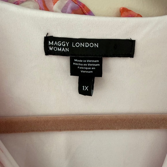 MAGGY LONDON WOMAN Floral Maxi Dress Orange Pink Lavender Tiered V-Neck 1X - Picture 3 of 7